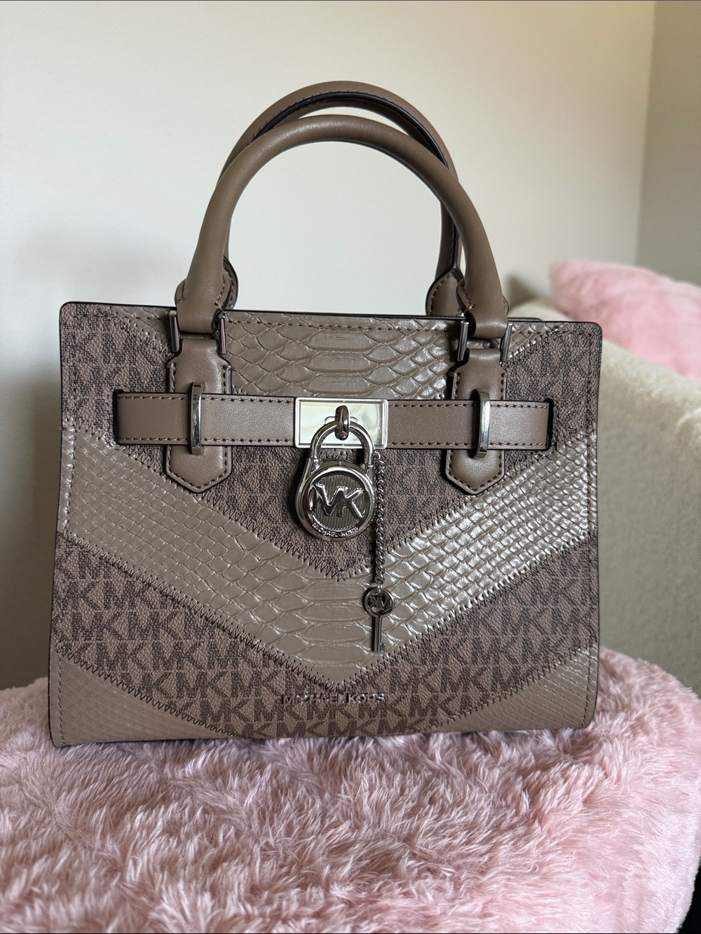 Michael Kors Small Hampton Taupe Signature Satchel with MK Charm